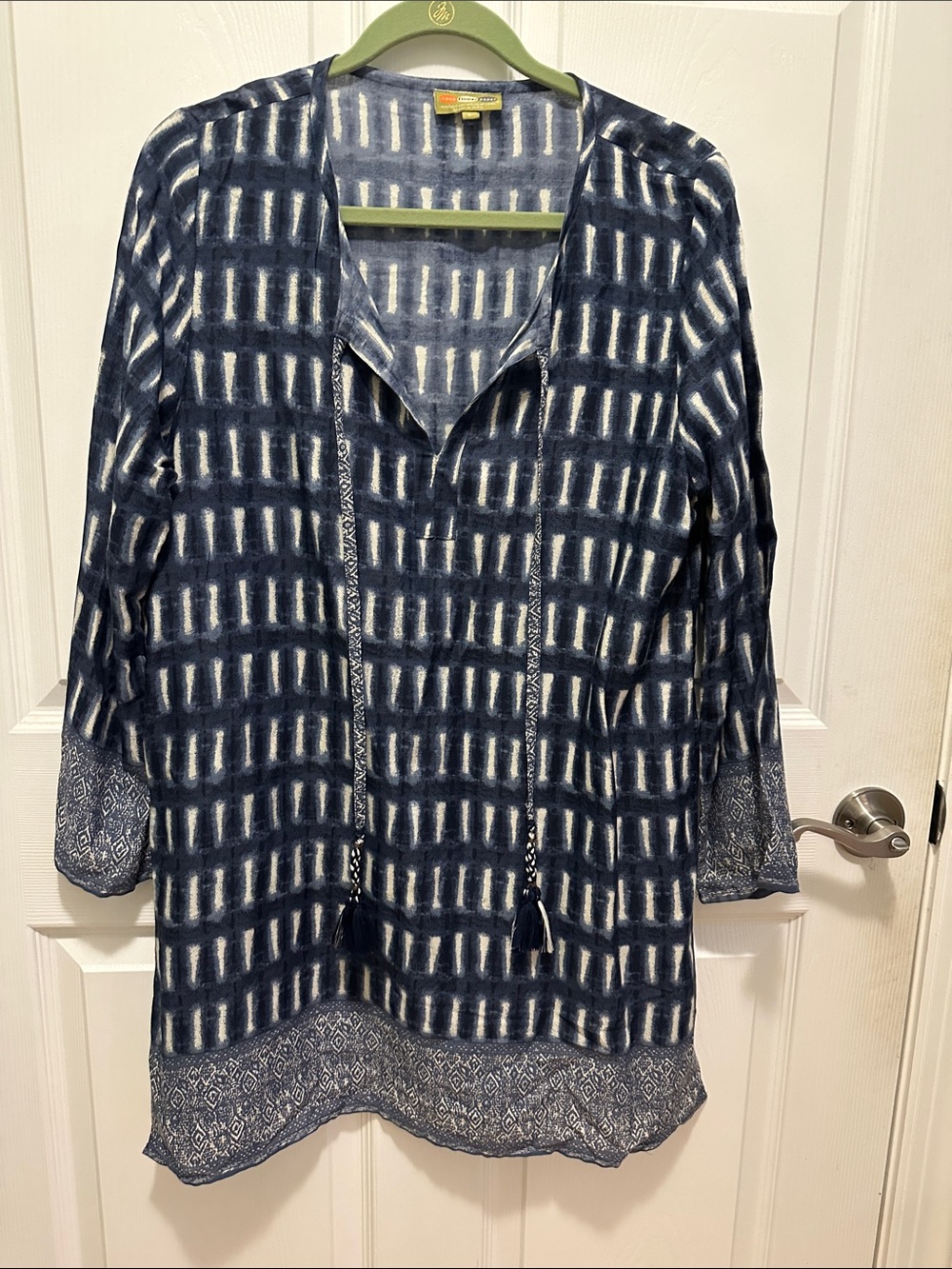 Rockflowerpaper Navy Patterned V-Neck Tunic with Tassel Ties